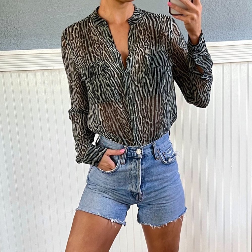 BCBGMaxAzria Sheer Anderson Blouse Cheetah Animal Print Button Up Top S Mob Wife